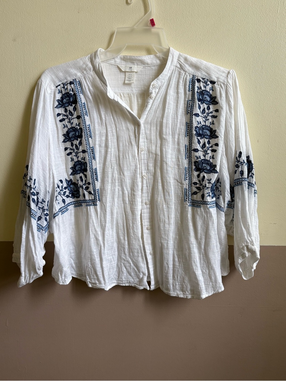 H&M White Button-Front Blouse with Blue Floral Embroidery